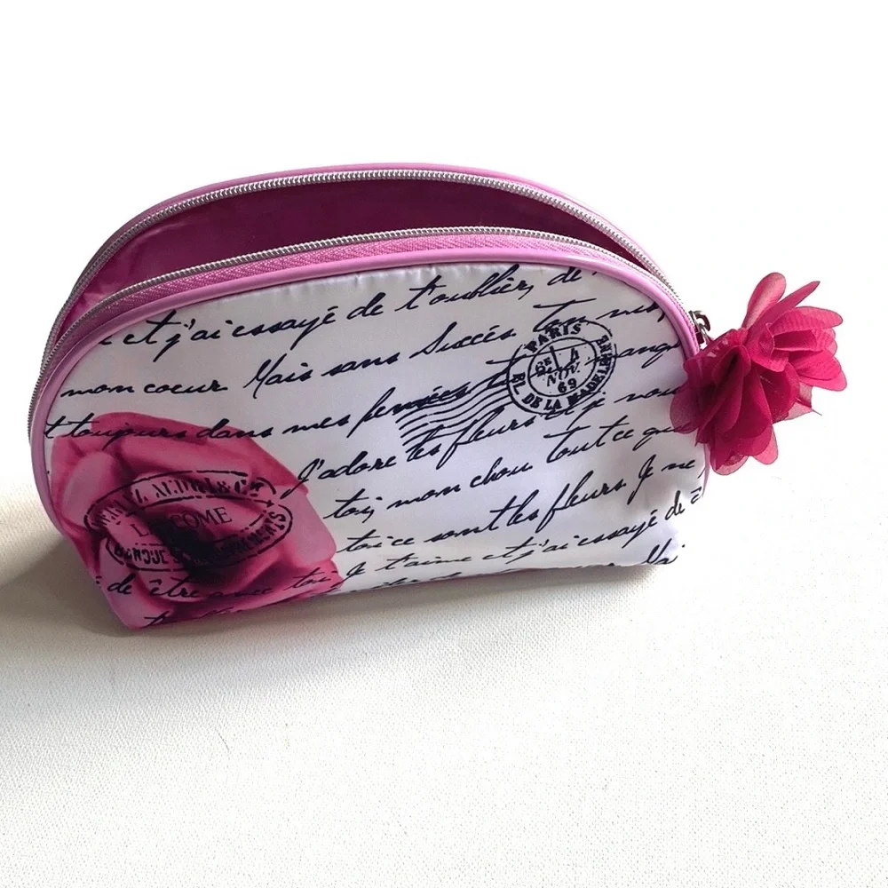 LANCOME PARIS COSMETIC MAKE-UP BAG CASE ORGANIZER WHITE‎ PINK BLACK Fabric NEW